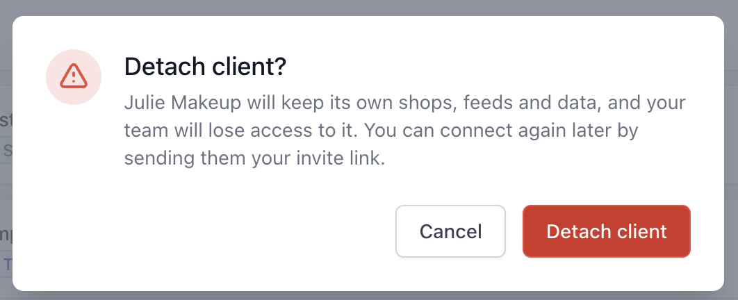 Confirming that you want to detach a client