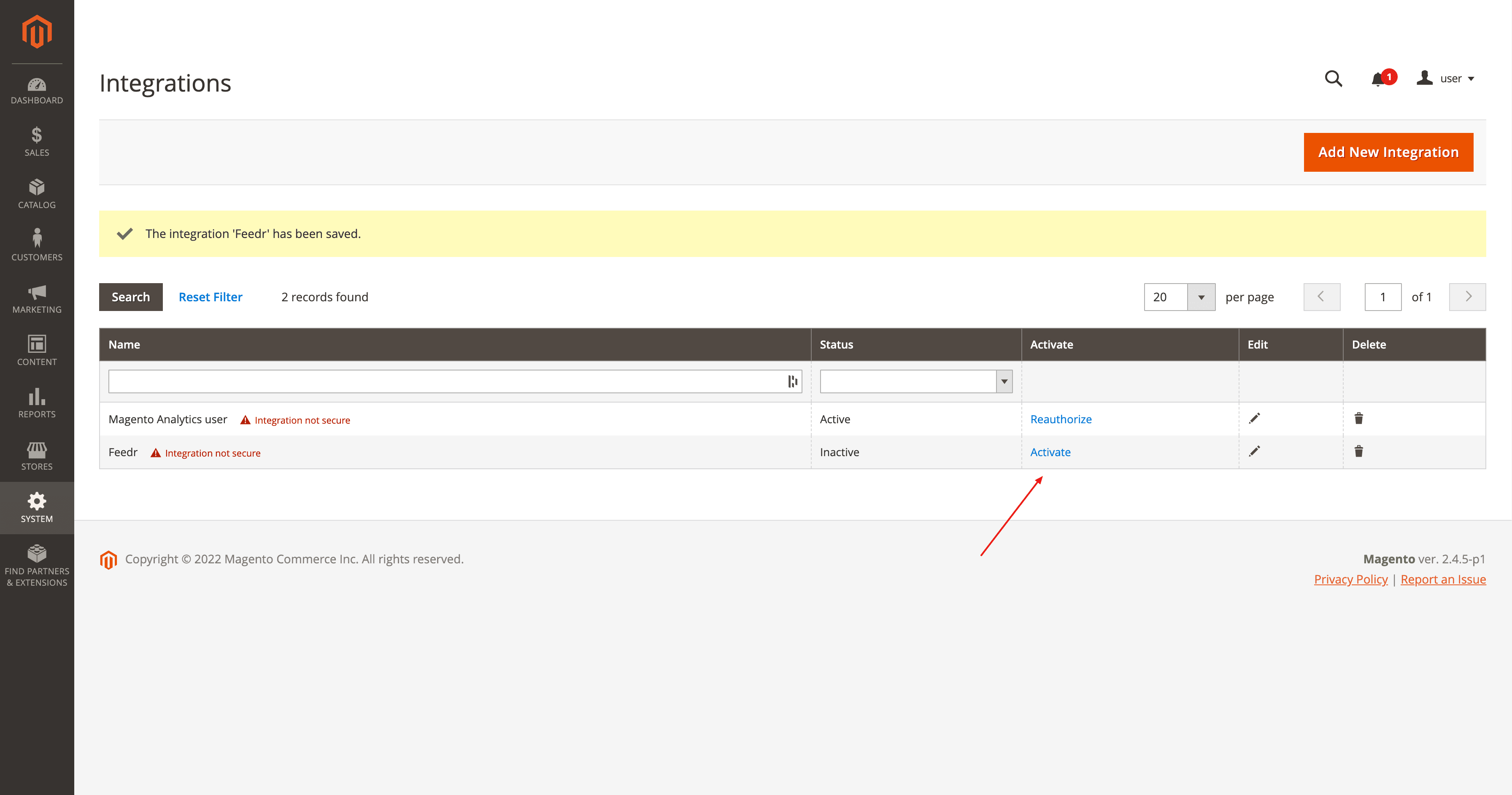 Activate Magento Integration