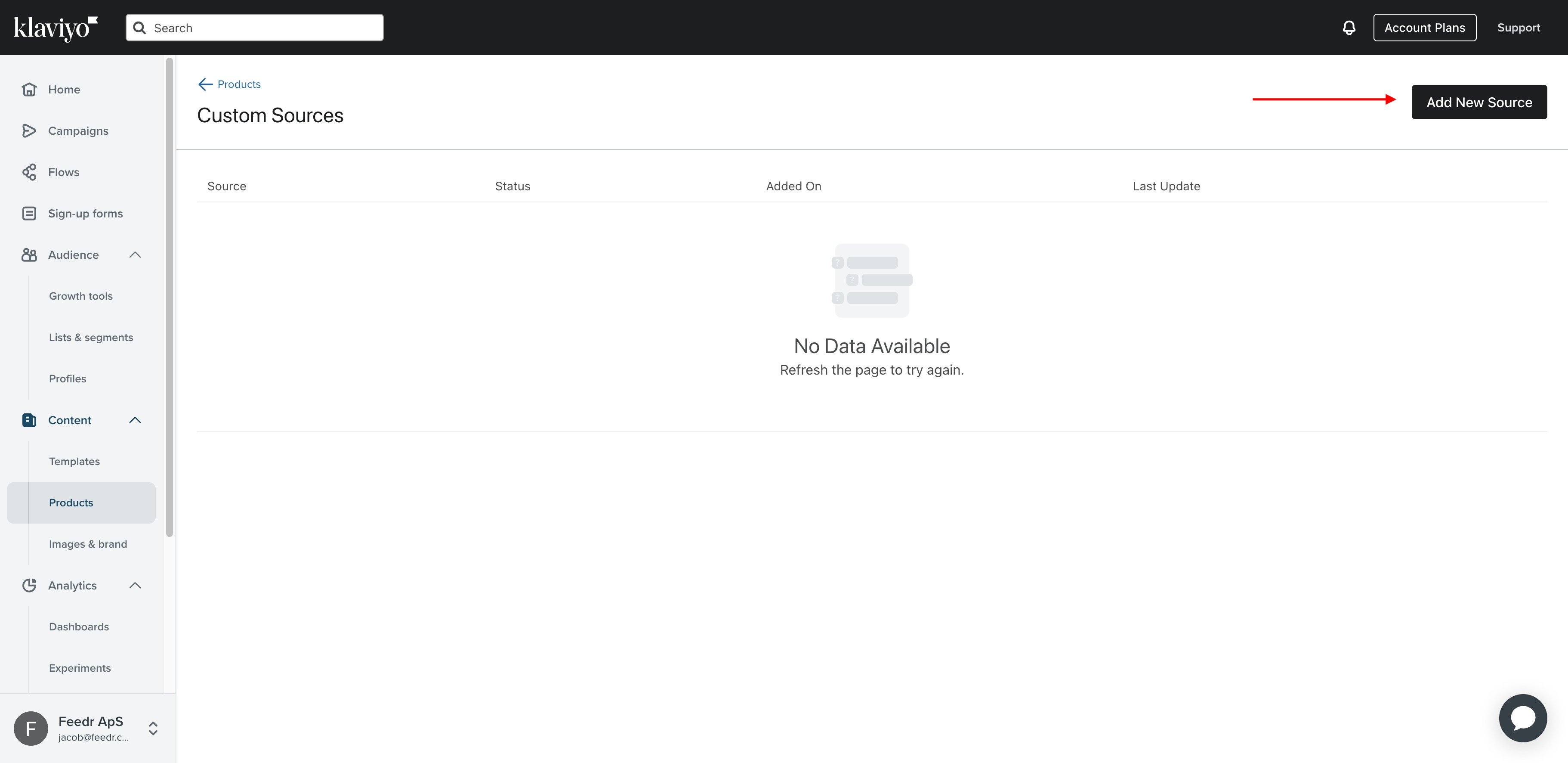 Add new product source in Klaviyo