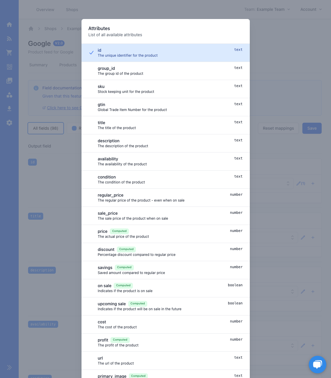 Attribute List showing some of the data types in the right hand side