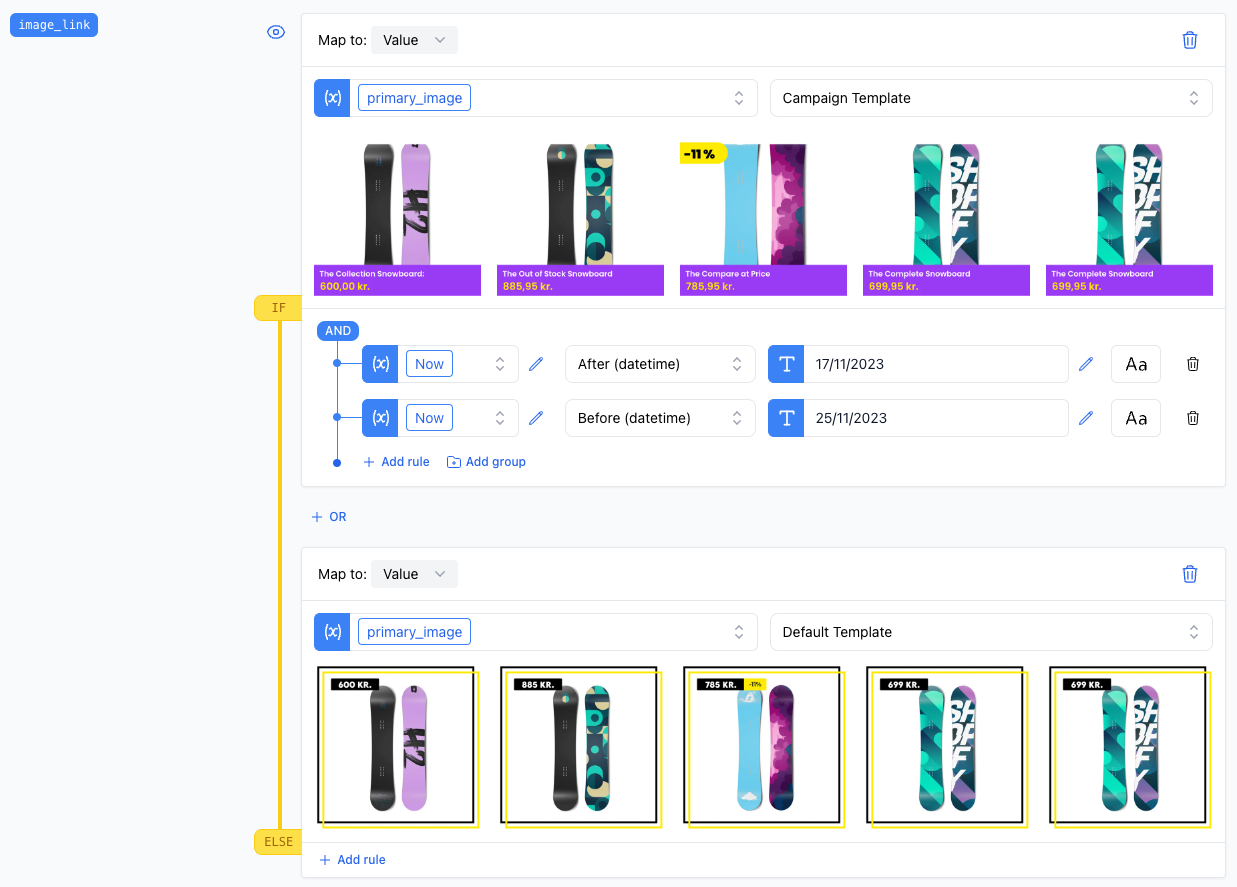 A screenshot showing the after rule being used to apply a specific template in a certain period