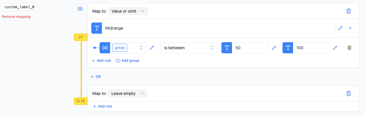 A screenshot illustrating the between rule used to flag products with a price between 50 and 100.