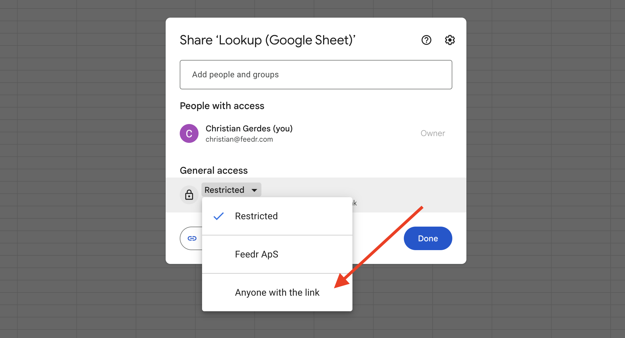 A screenshot showing how to change Google Sheet accessibility.