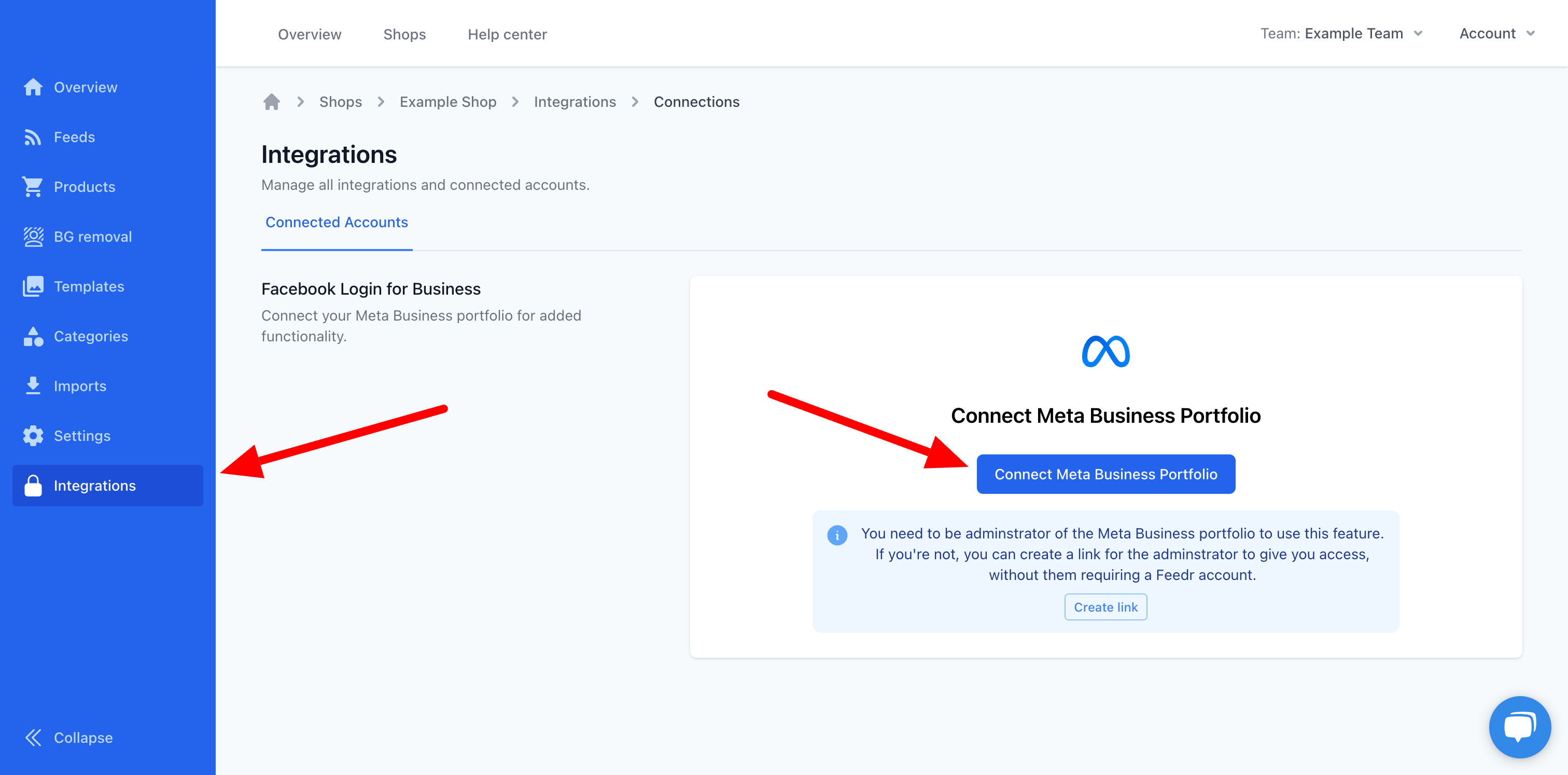 Where to connect Meta Business portfolio to Feedr