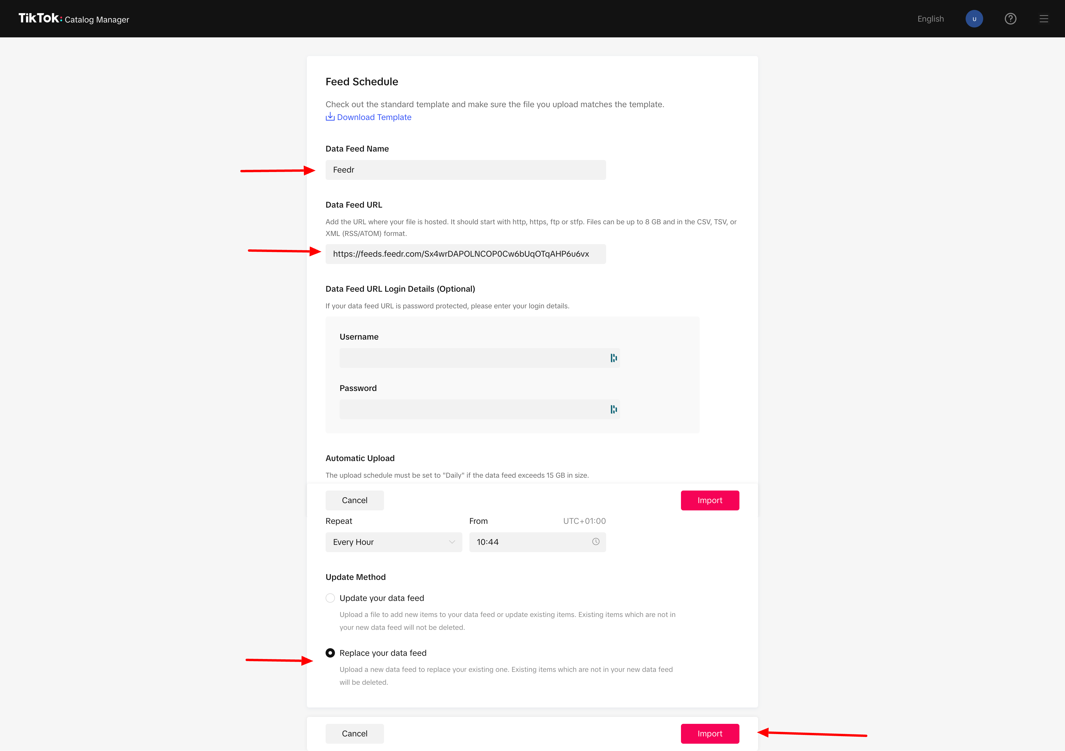 Entering Feed Name and URL in TikTok Catalog