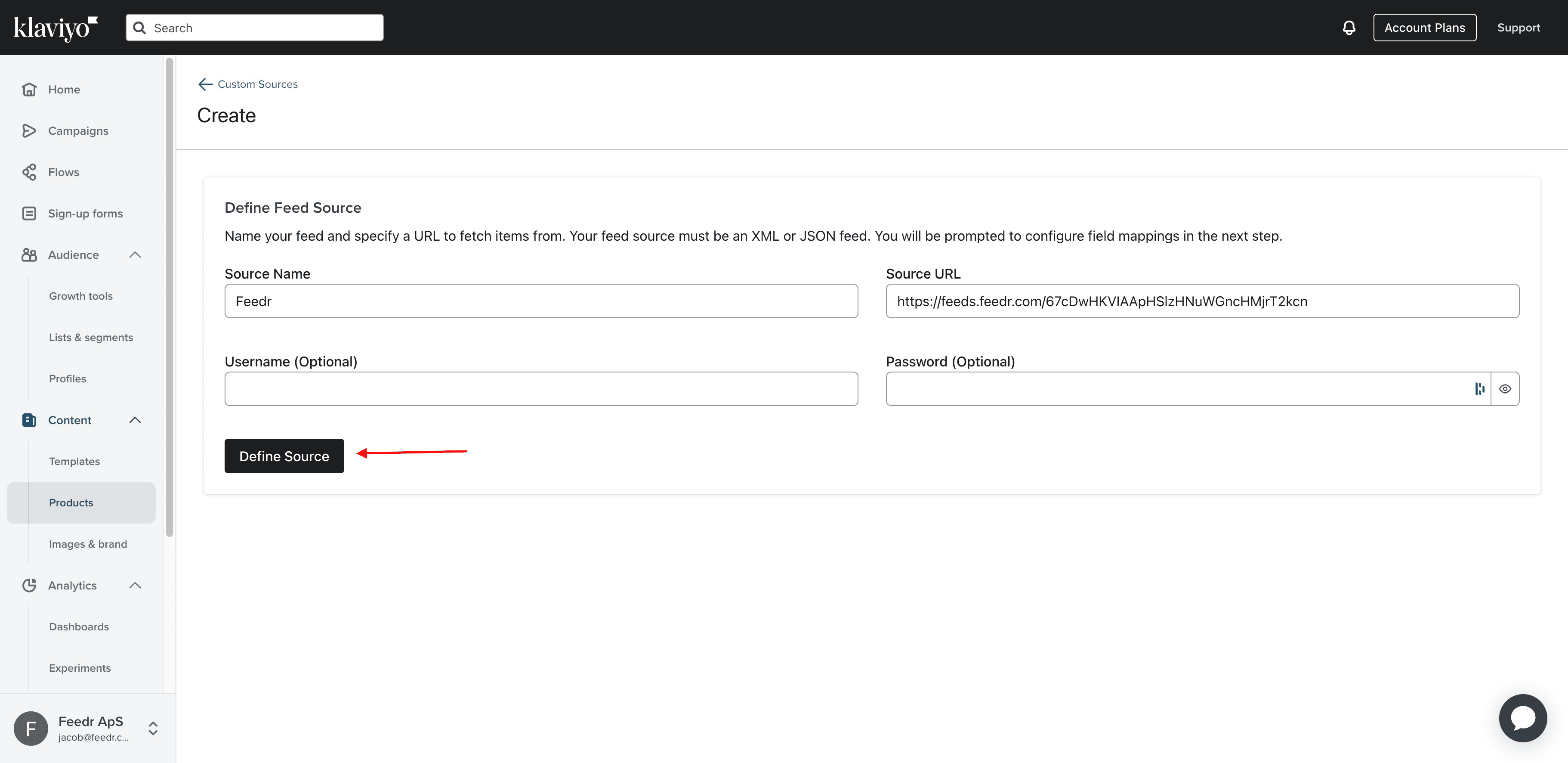 Add source name and URL in Klaviyo