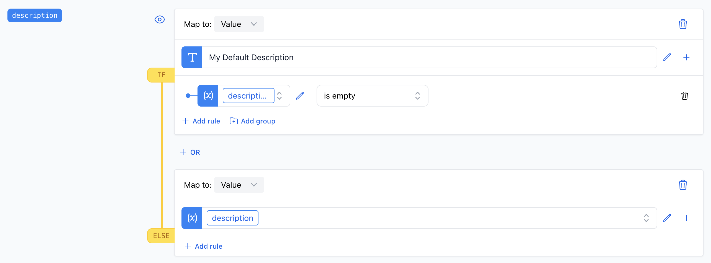 A screenshot illustrating the is empty rule applied to verify that the product description is empty.