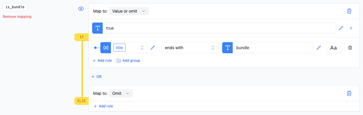 A screenshot showing the ends with rule to check if the title ends with the word "bundle".