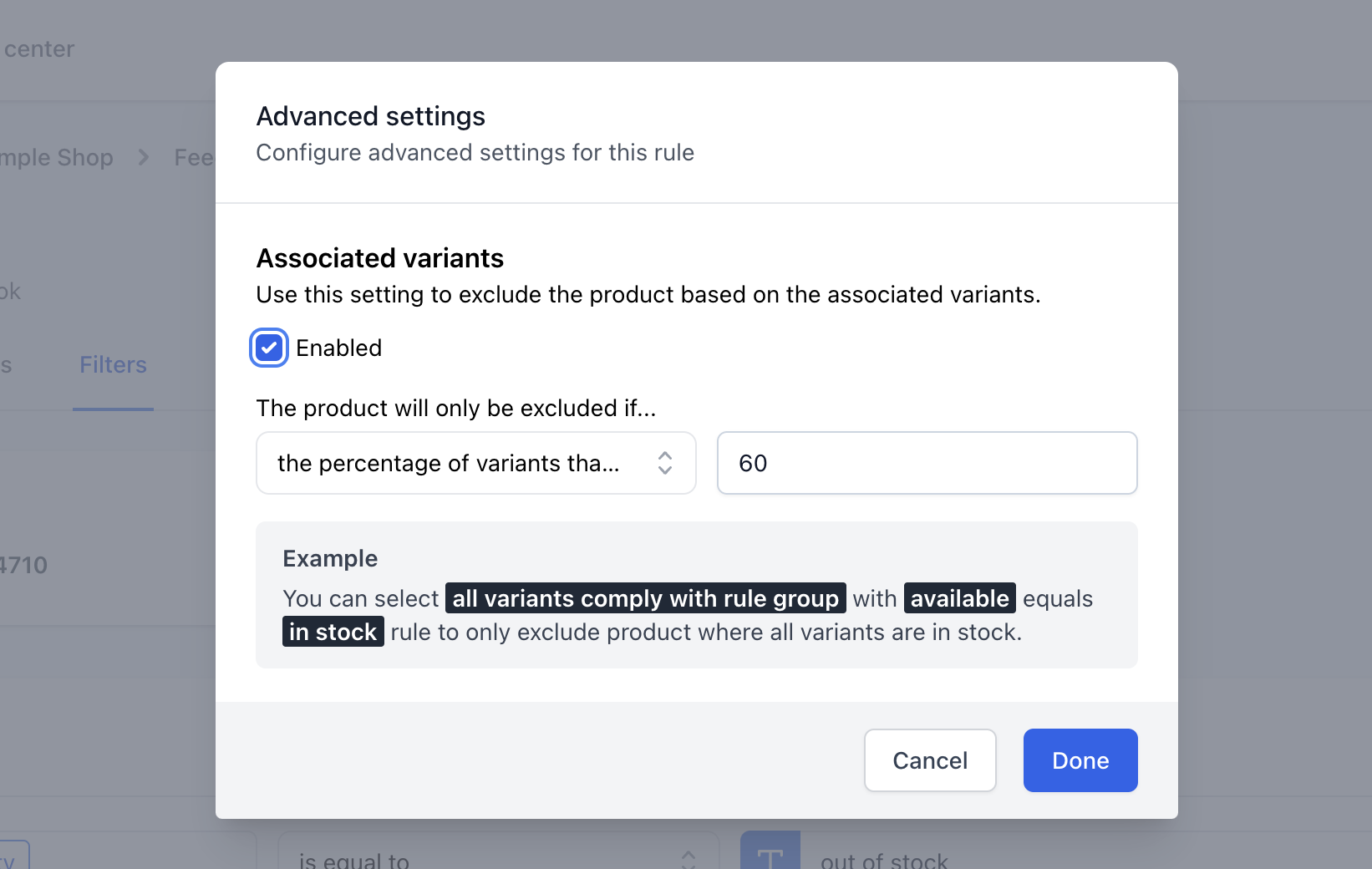 Feed filtering - Include products in stock example