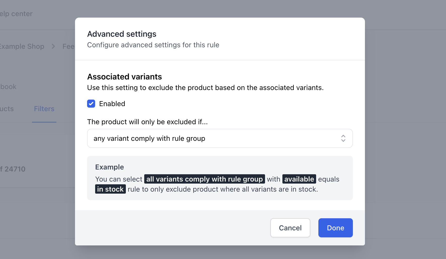 Feed filtering - Include products in stock example