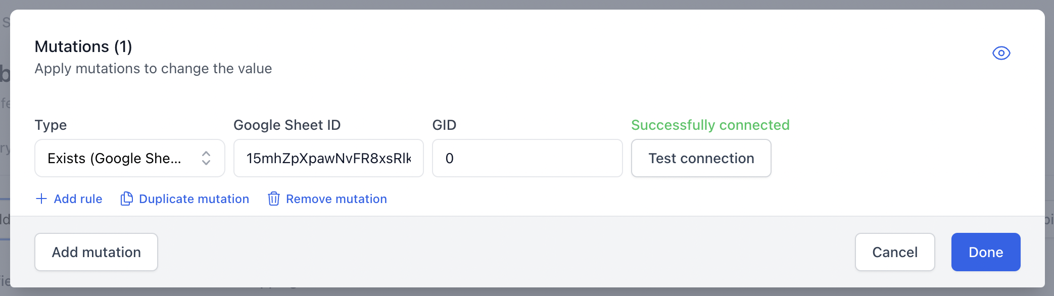 A screenshot showing the exists (Google Sheet) mutation.