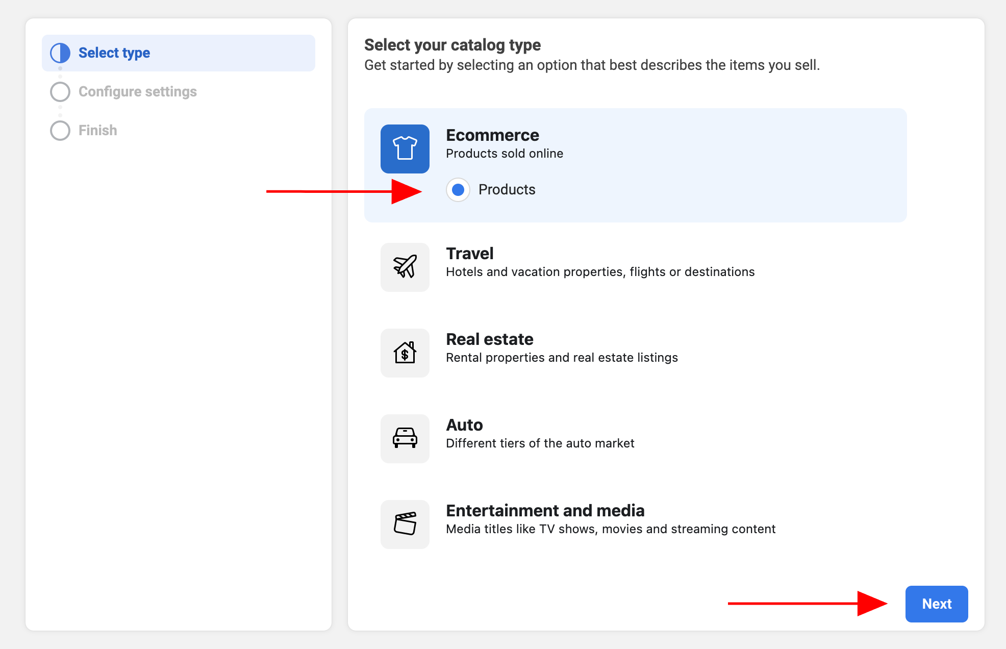 Select catalog type in Meta Business Manager