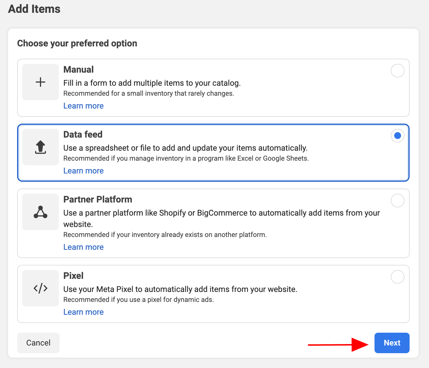 Data feed in Meta Business Manager