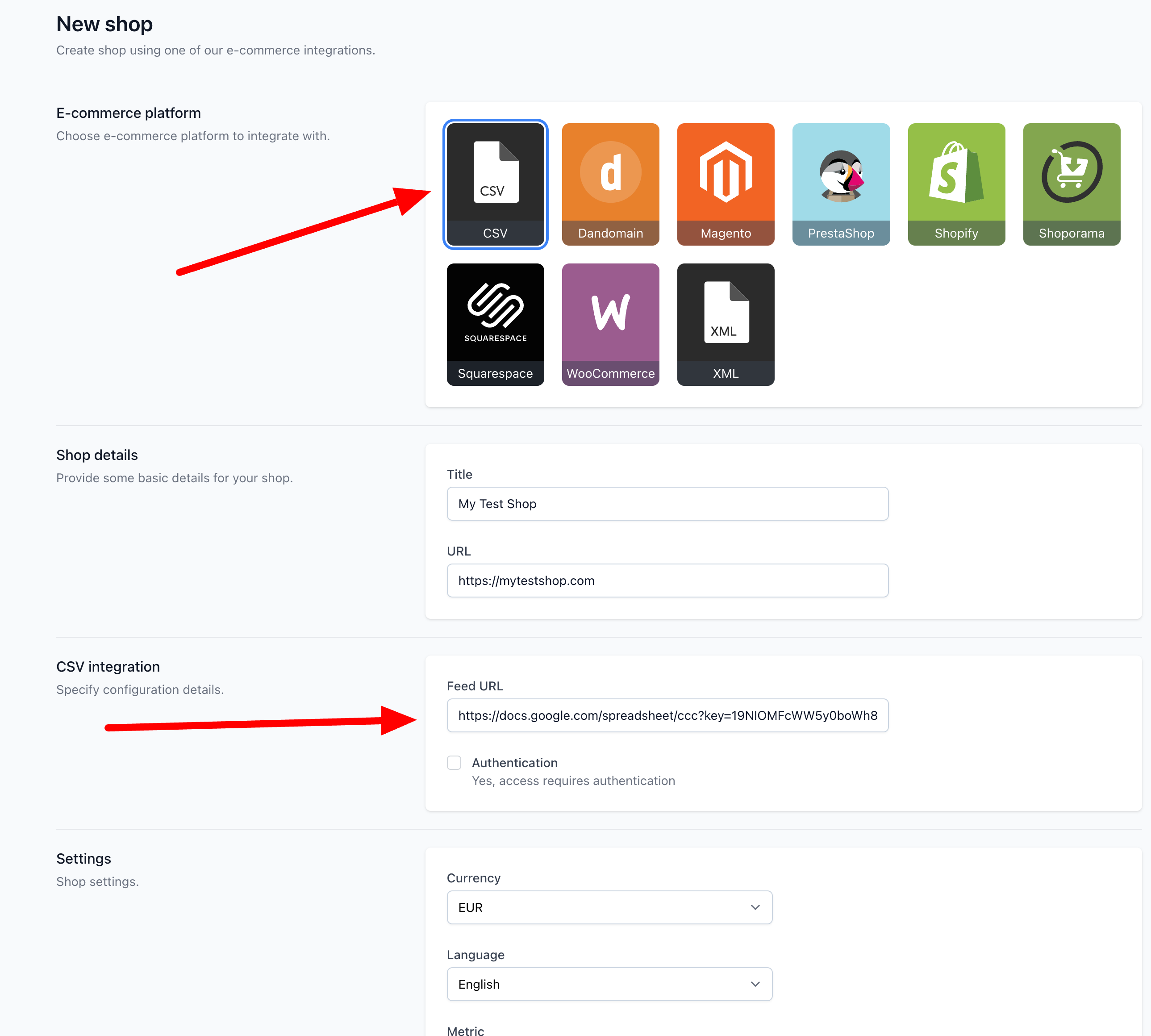 A screenshot showing how to configure CSV integration with Google Sheets.