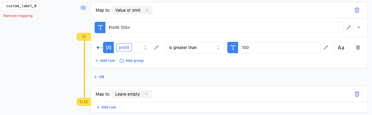 A screenshot demonstrating the is greater than rule used to populate a custom label based on the profit.