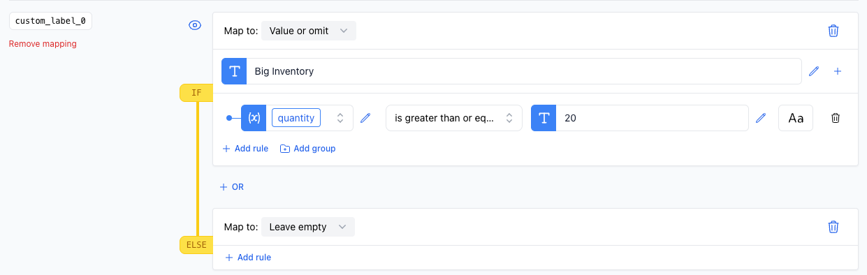 A screenshot showing the is greater than or equal to rule applied to indicate big inventory based on quantity count.