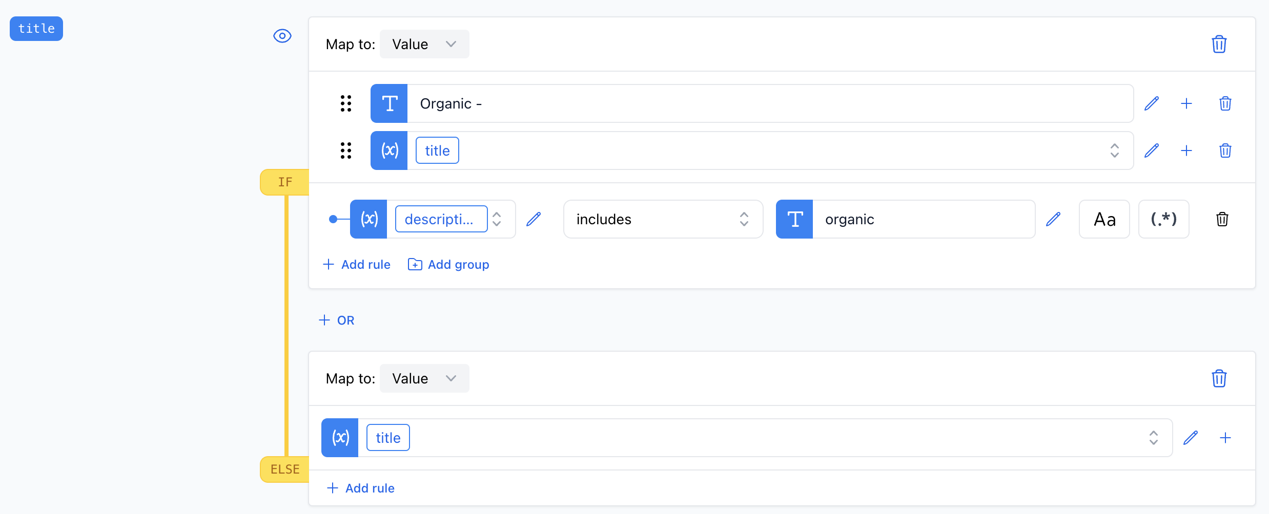 A screenshot illustrating the "Includes" rule applied to verify if the product description contains the word "organic".