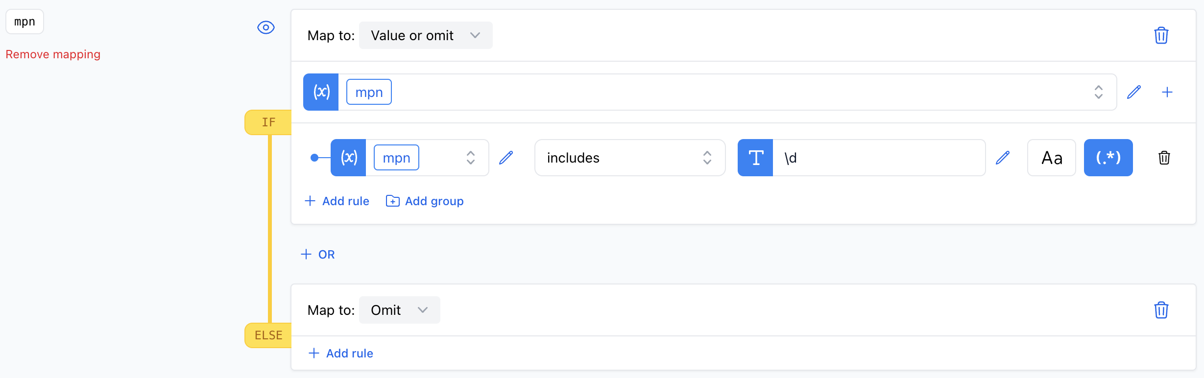 A screenshot showing the "Includes" rule using a regular expression to ensure the product MPN contains numerical digits.