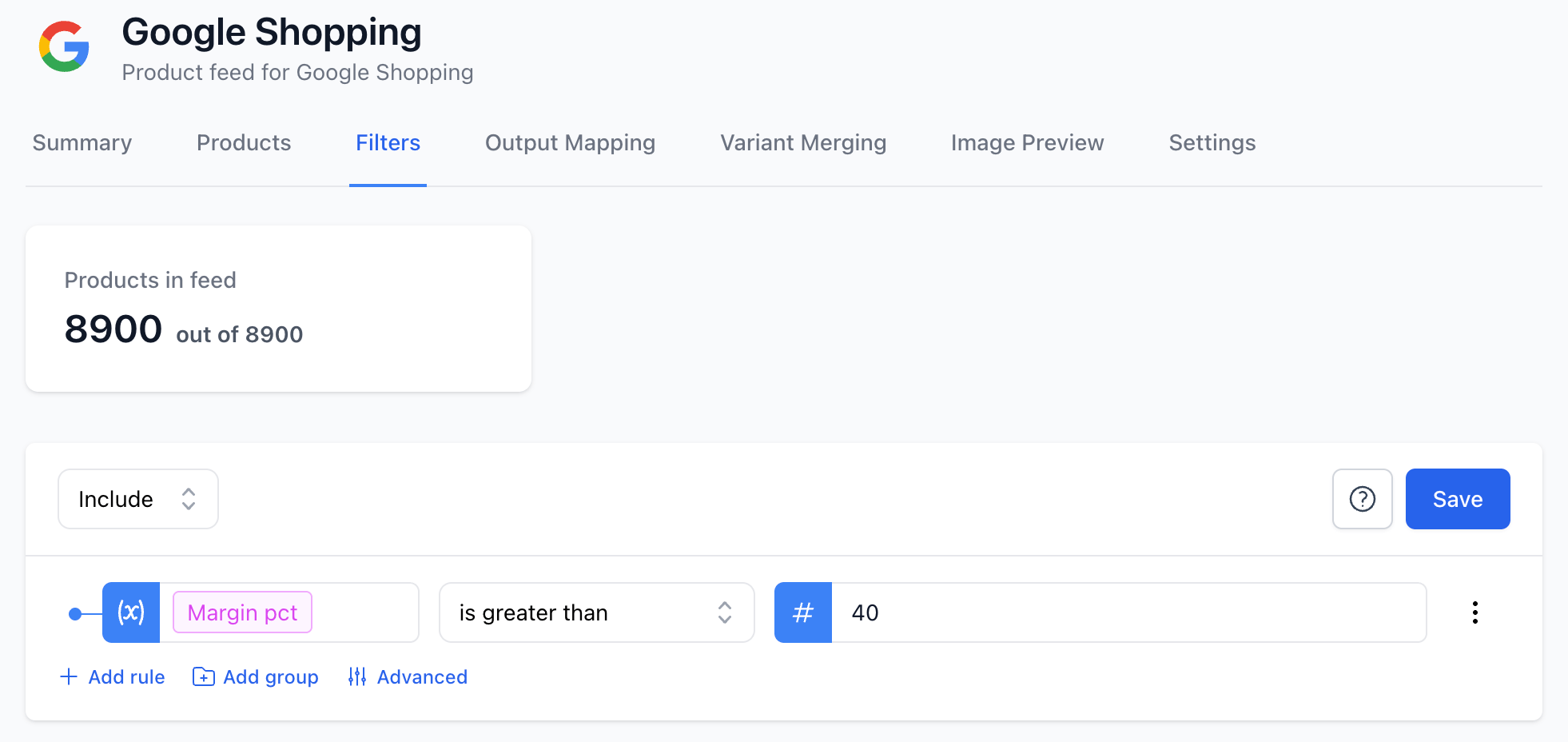 Using an internal field in a product filter rule