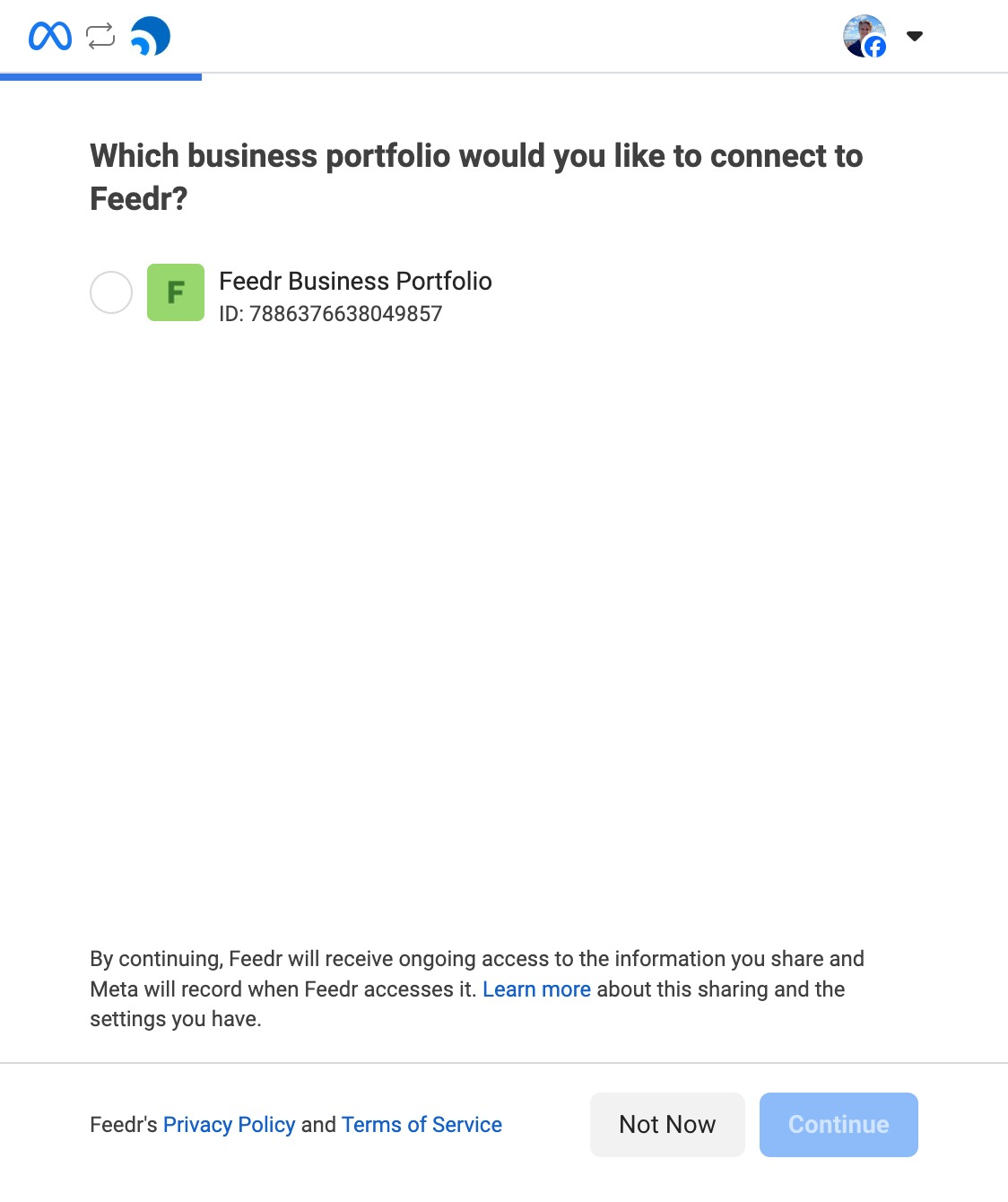 Select Meta Business portfolio to connect to Feedr