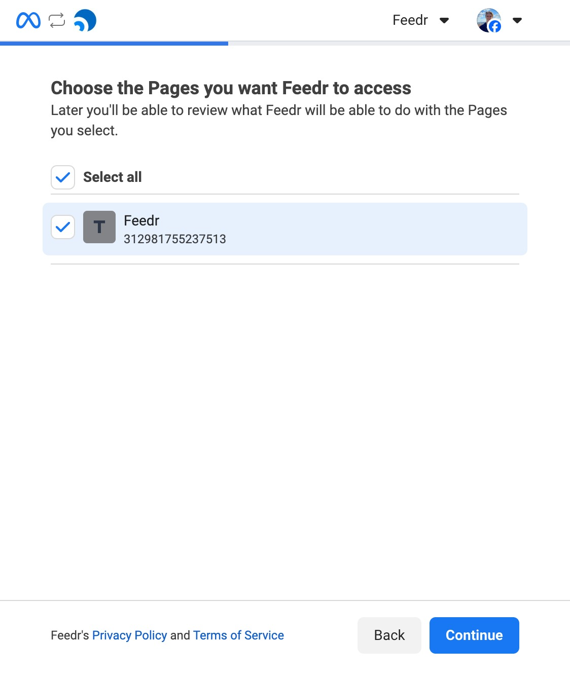 Select page to connect to Feedr