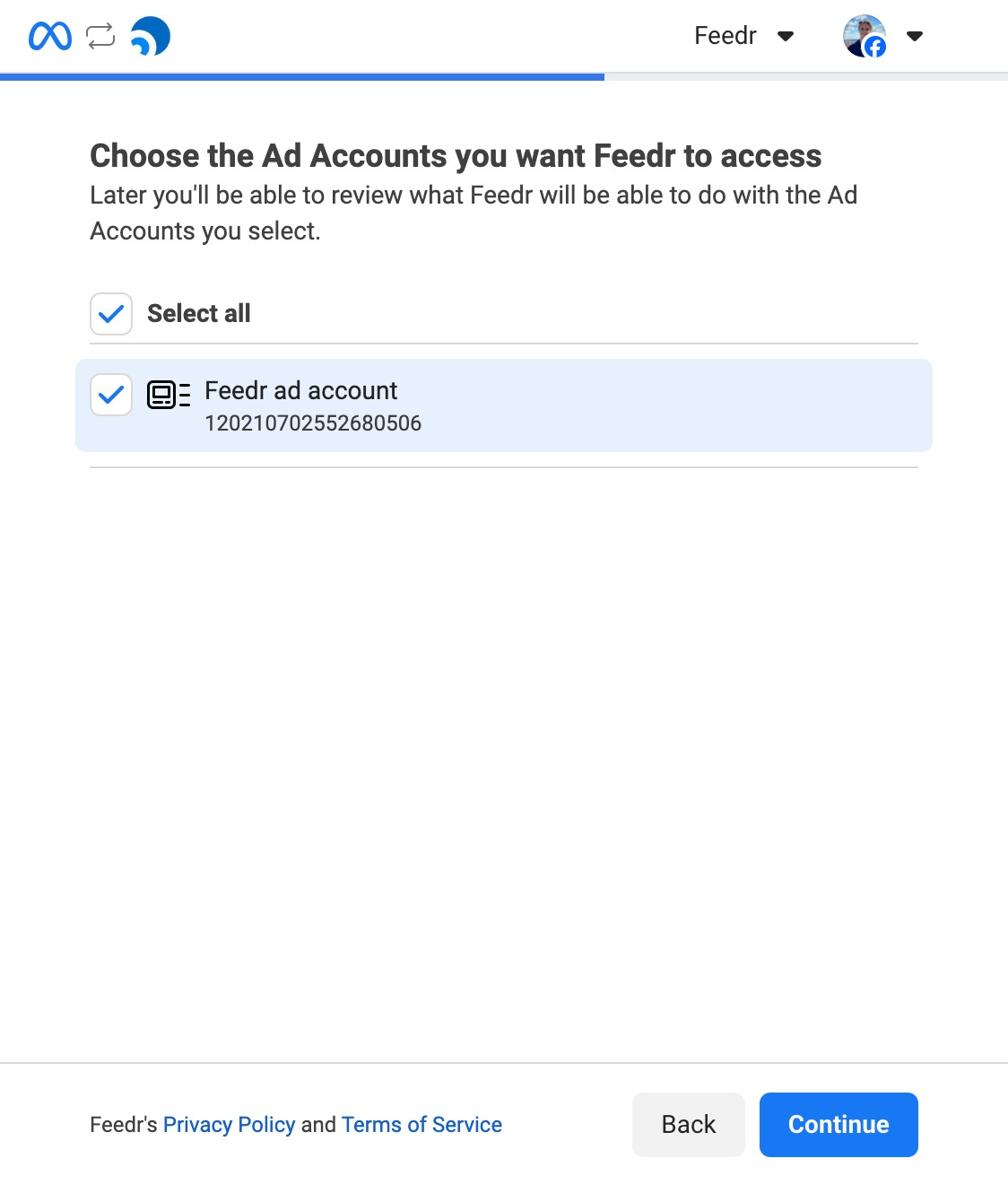 Select ad account to connect to Feedr