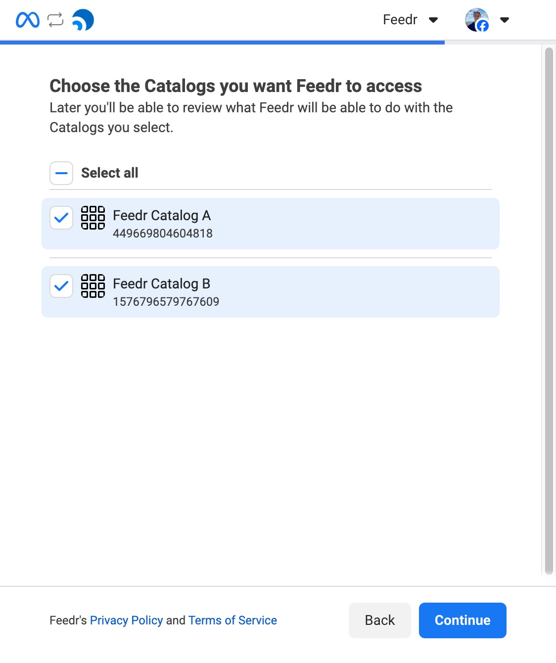 Select product catalogs to connect to Feedr