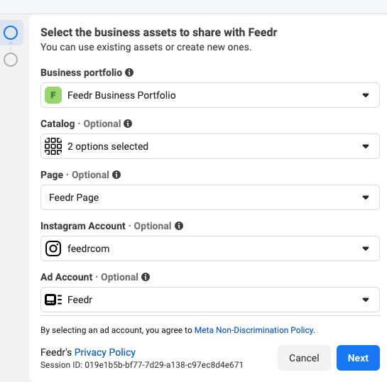 Select Meta Business Assets to connect to Feedr