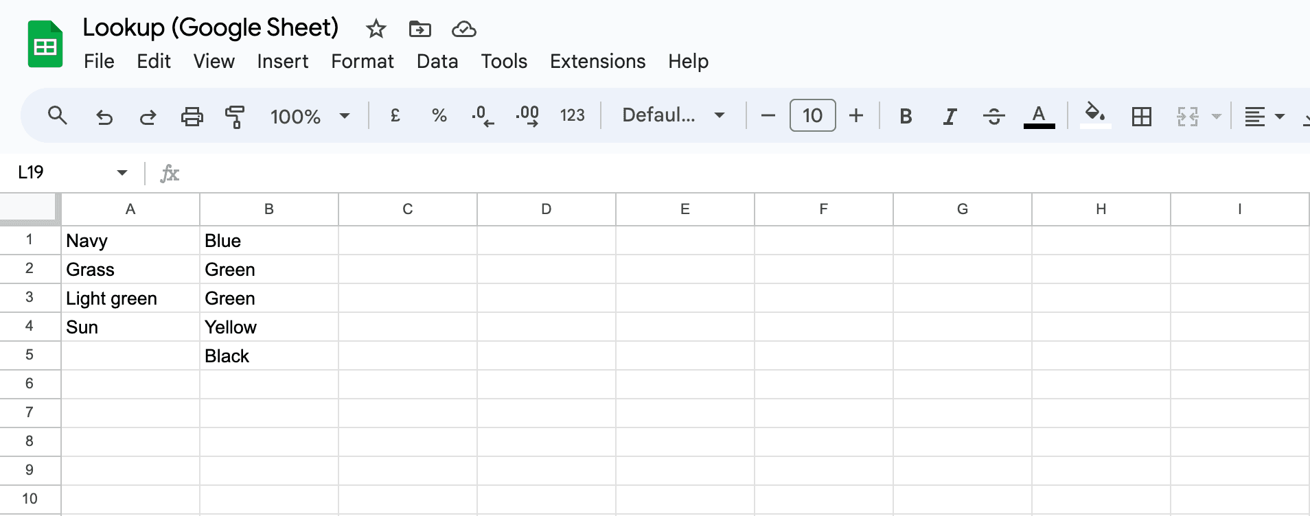 A screenshot showing the lookup Google Sheet.
