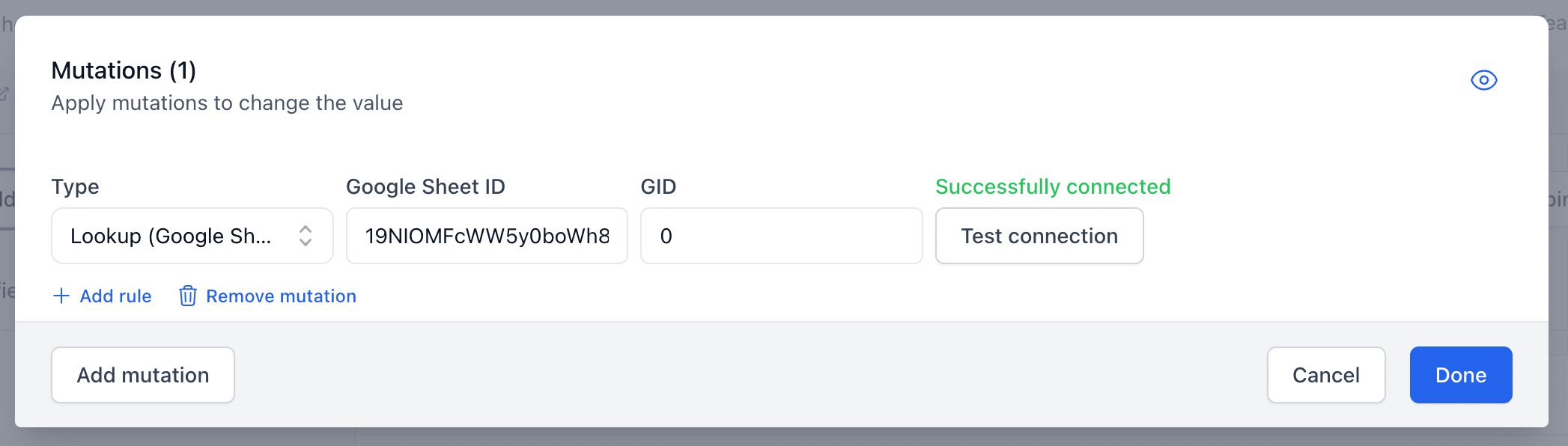 A screenshot showing the lookup (Google Sheet) mutation.