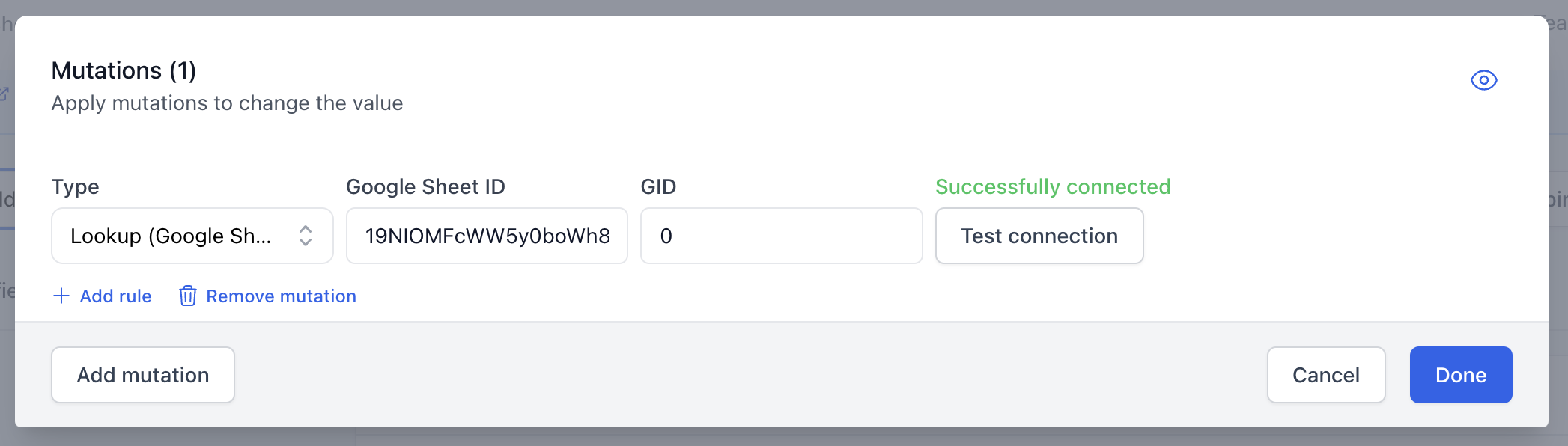 A screenshot showing the lookup (Google Sheet) mutation.