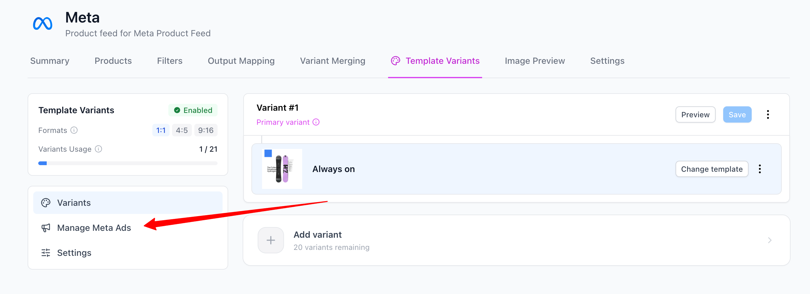 Manage Meta Ads sidebar