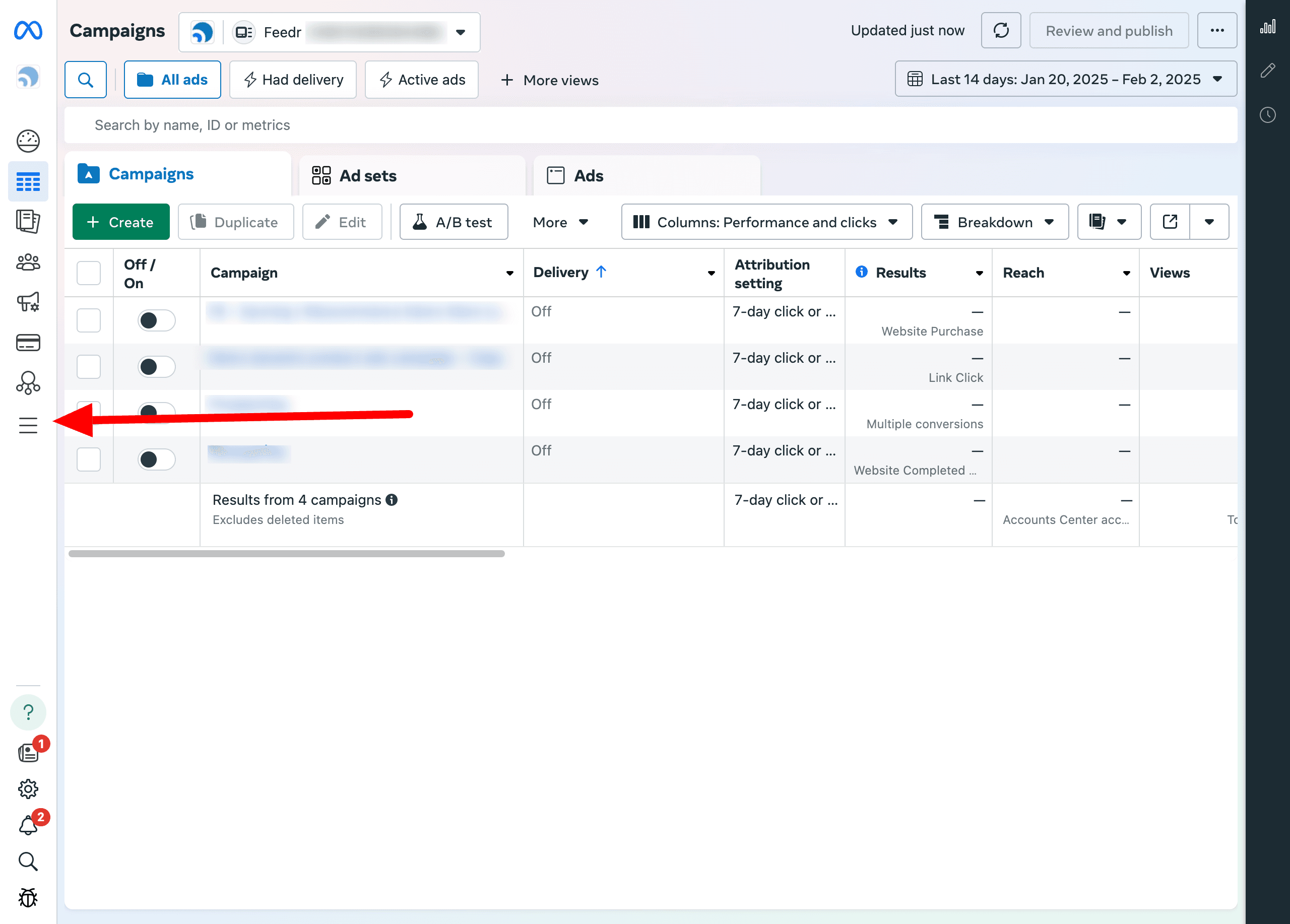 Meta Business Manager sidebar