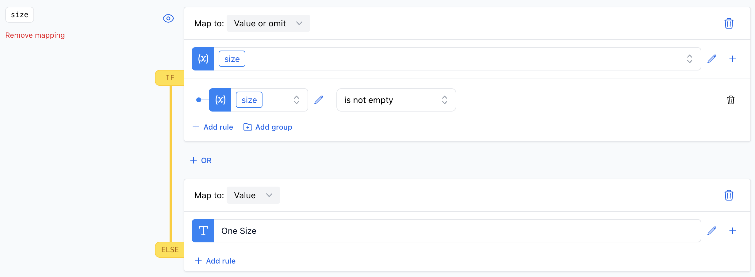 A screenshot demonstrating the is not empty rule applied to ensure the product size is not empty.