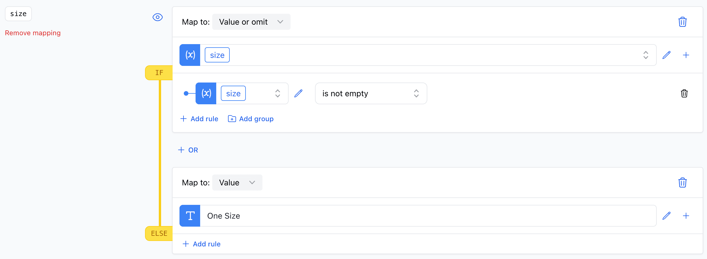 A screenshot demonstrating the is not empty rule applied to ensure the product size is not empty.