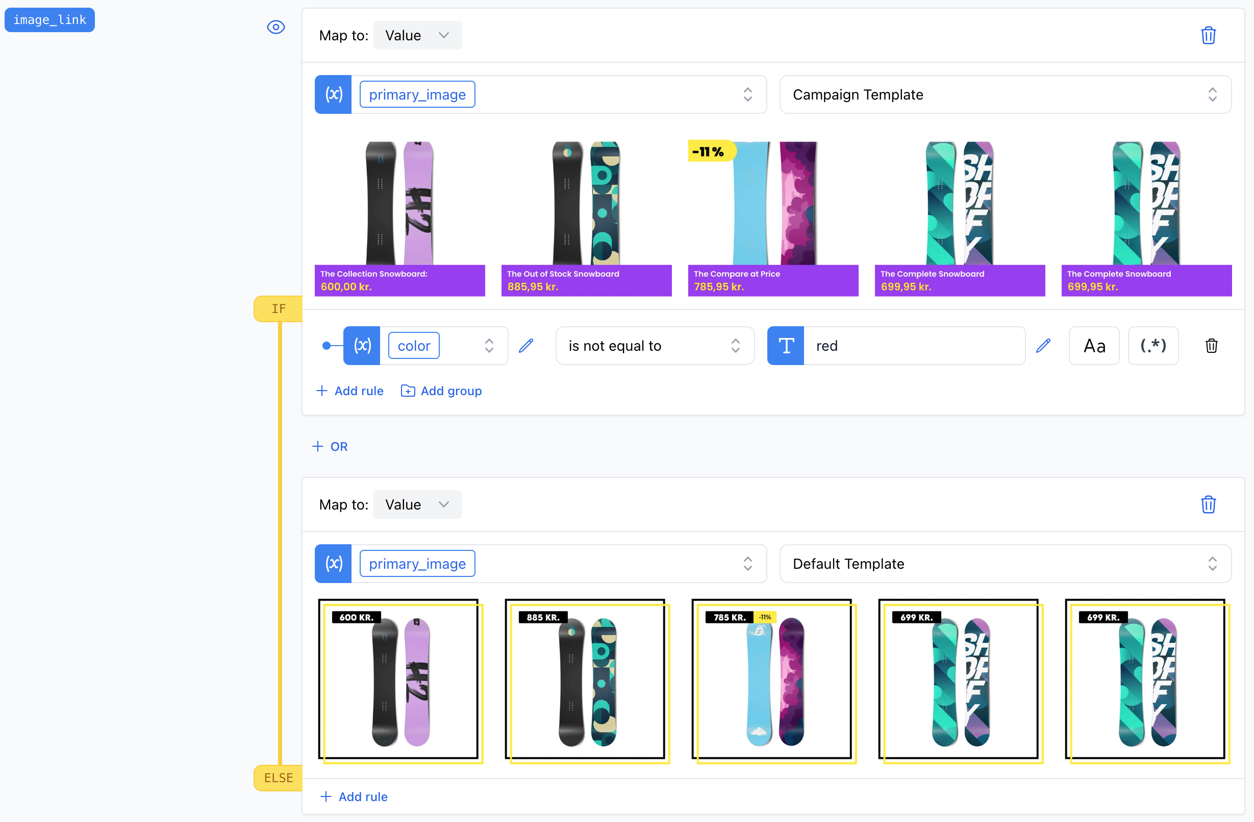 A screenshot illustrating the "Not Equals" rule being applied to check if the product color is not "Red".