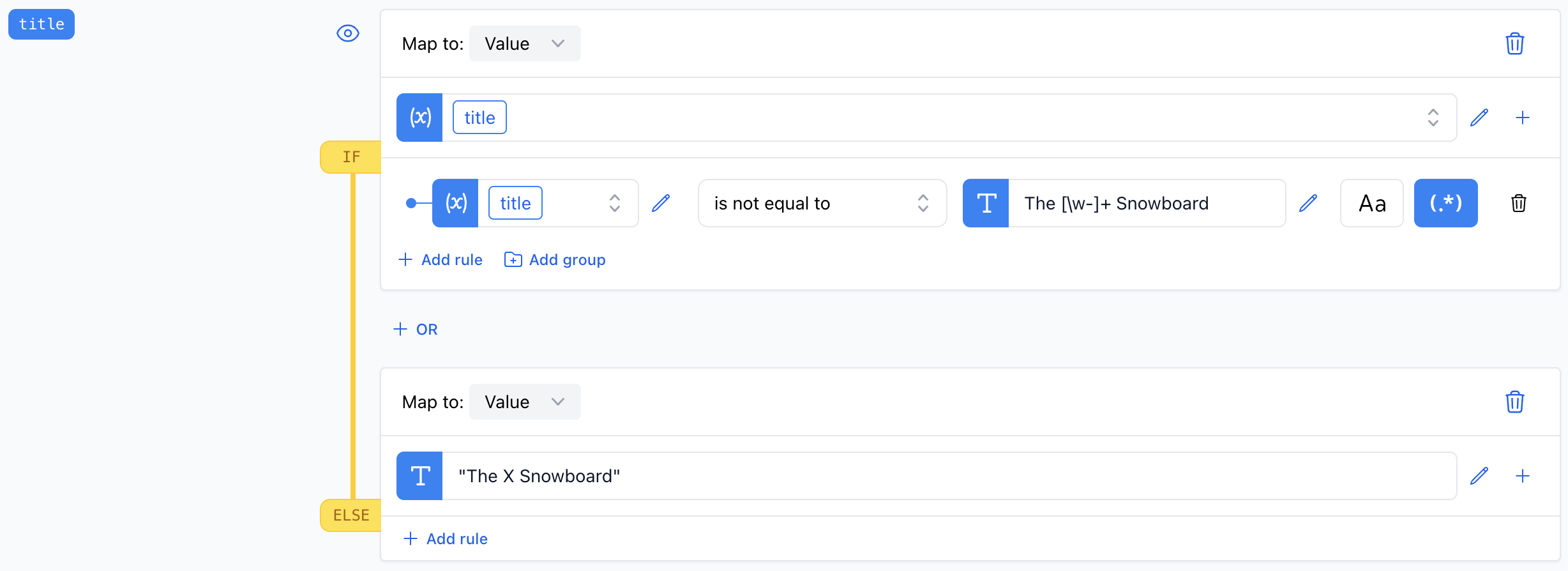 A screenshot displaying the "Not Equals" rule using regular expressions to ensure the product title does not start with "The" and end with "Snowboard".