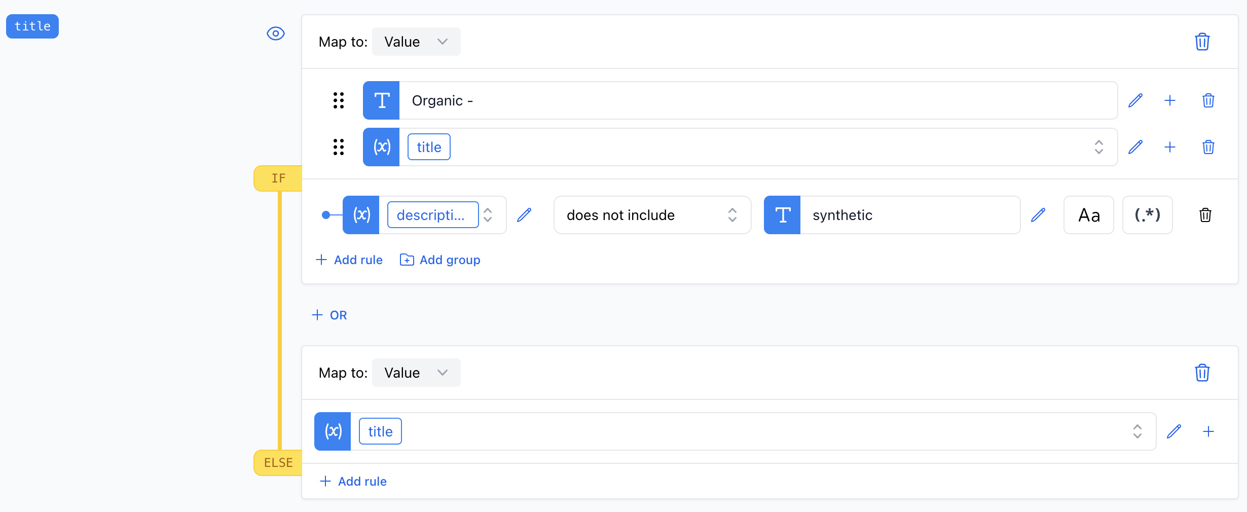 A screenshot illustrating the not includes rule applied to confirm the product description does not contain the term synthetic.