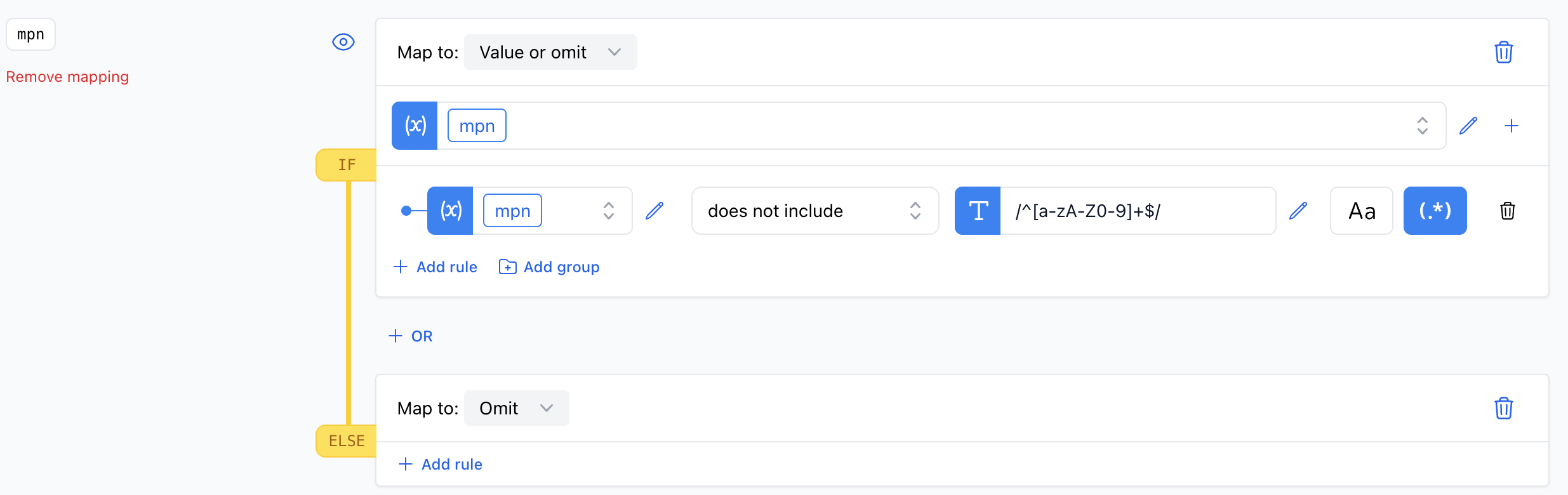 A screenshot showing the not includes rule using a regular expression to ensure the product MPN does not contain any special characters.