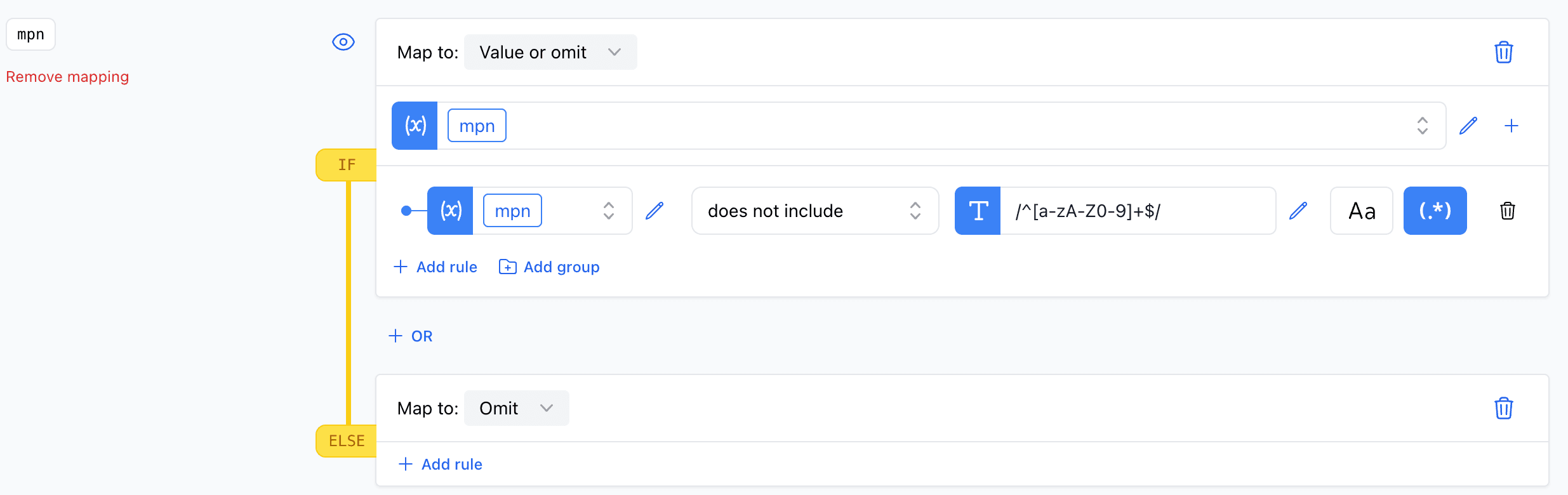 A screenshot showing the not includes rule using a regular expression to ensure the product MPN does not contain any special characters.