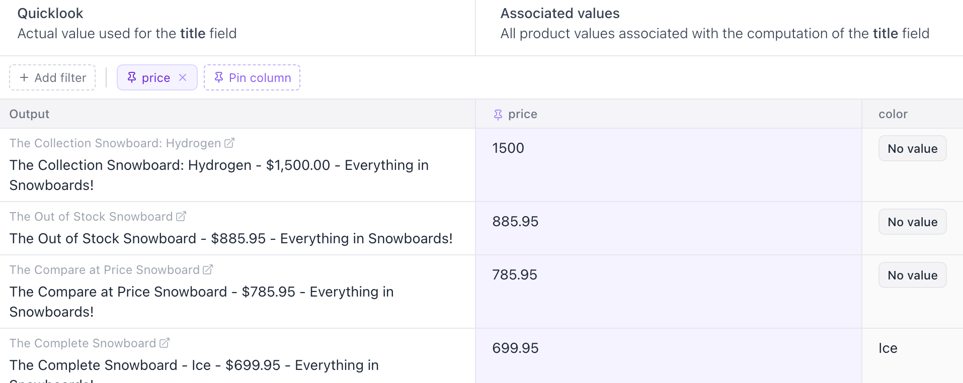 Pinned columns in quicklook