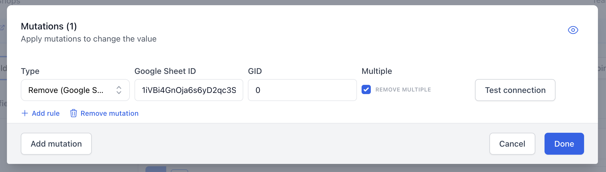 A screenshot showing the remove (Google Sheet) mutation.