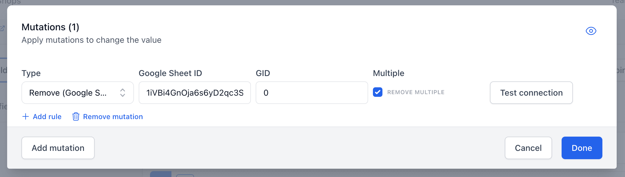 A screenshot showing the remove (Google Sheet) mutation.