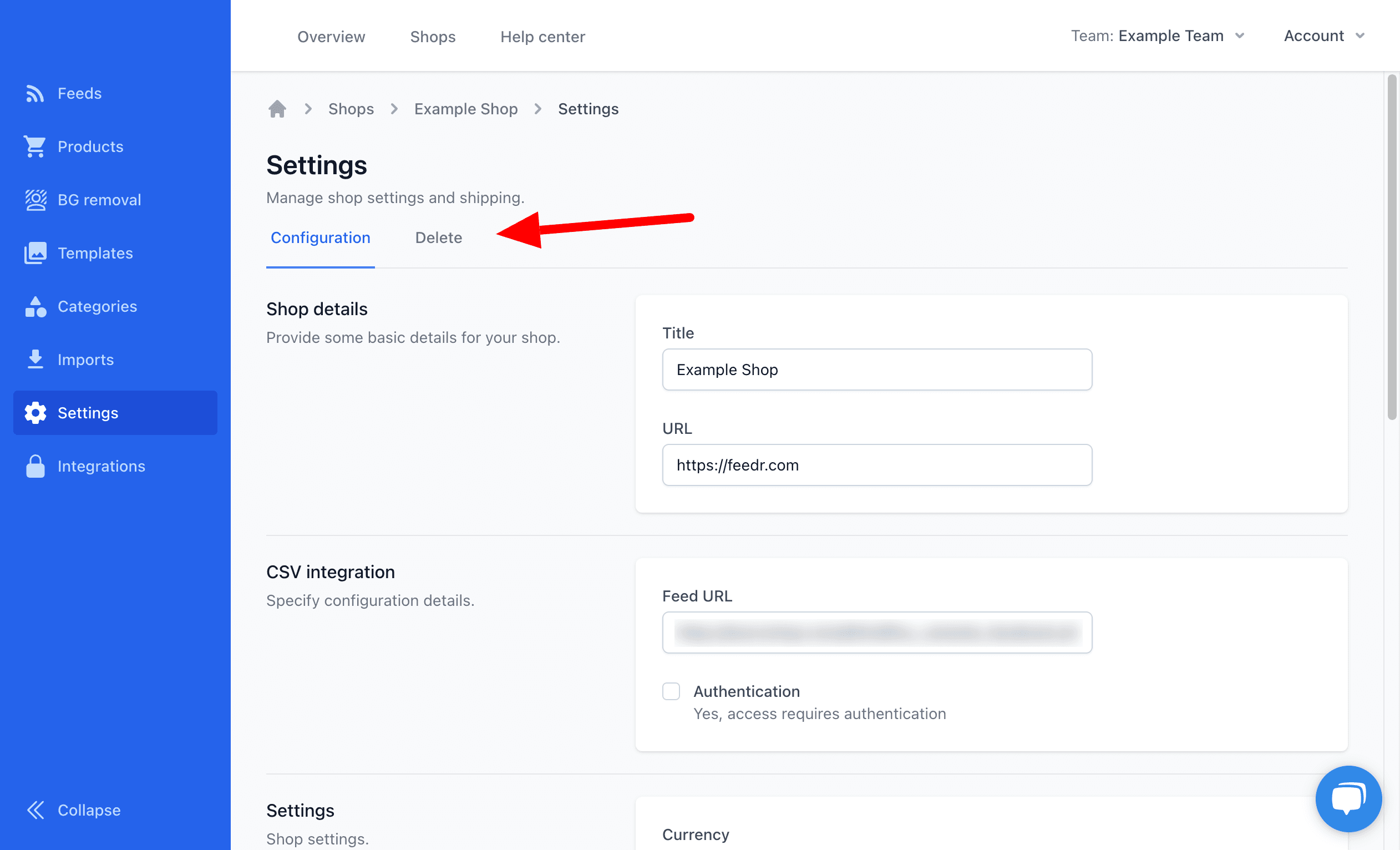 Shows the location of the Delete tab