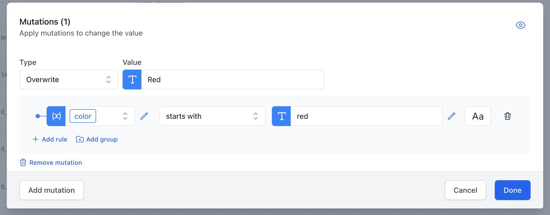 A screenshot showing the starts with rule applied to verify that the color starts with 'Red'.