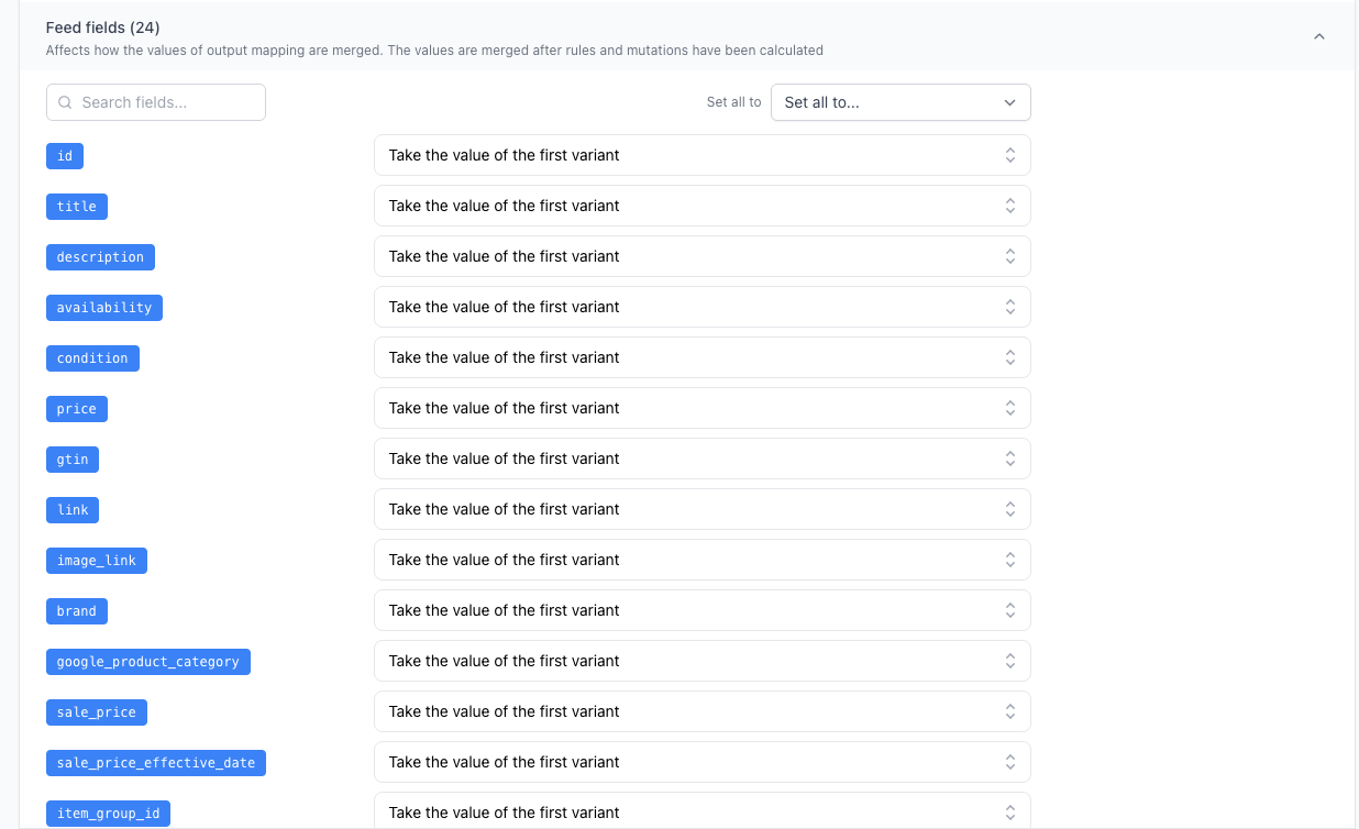 Feed fields configuration in Variant Merging