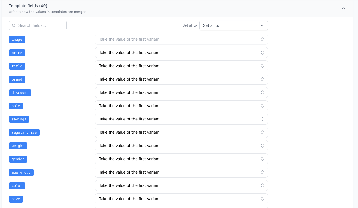 Template fields configuration in Variant Merging