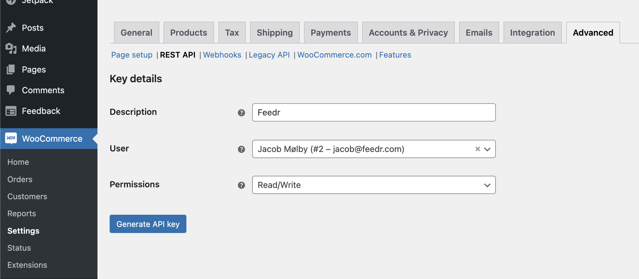 WooCommerce API key creation