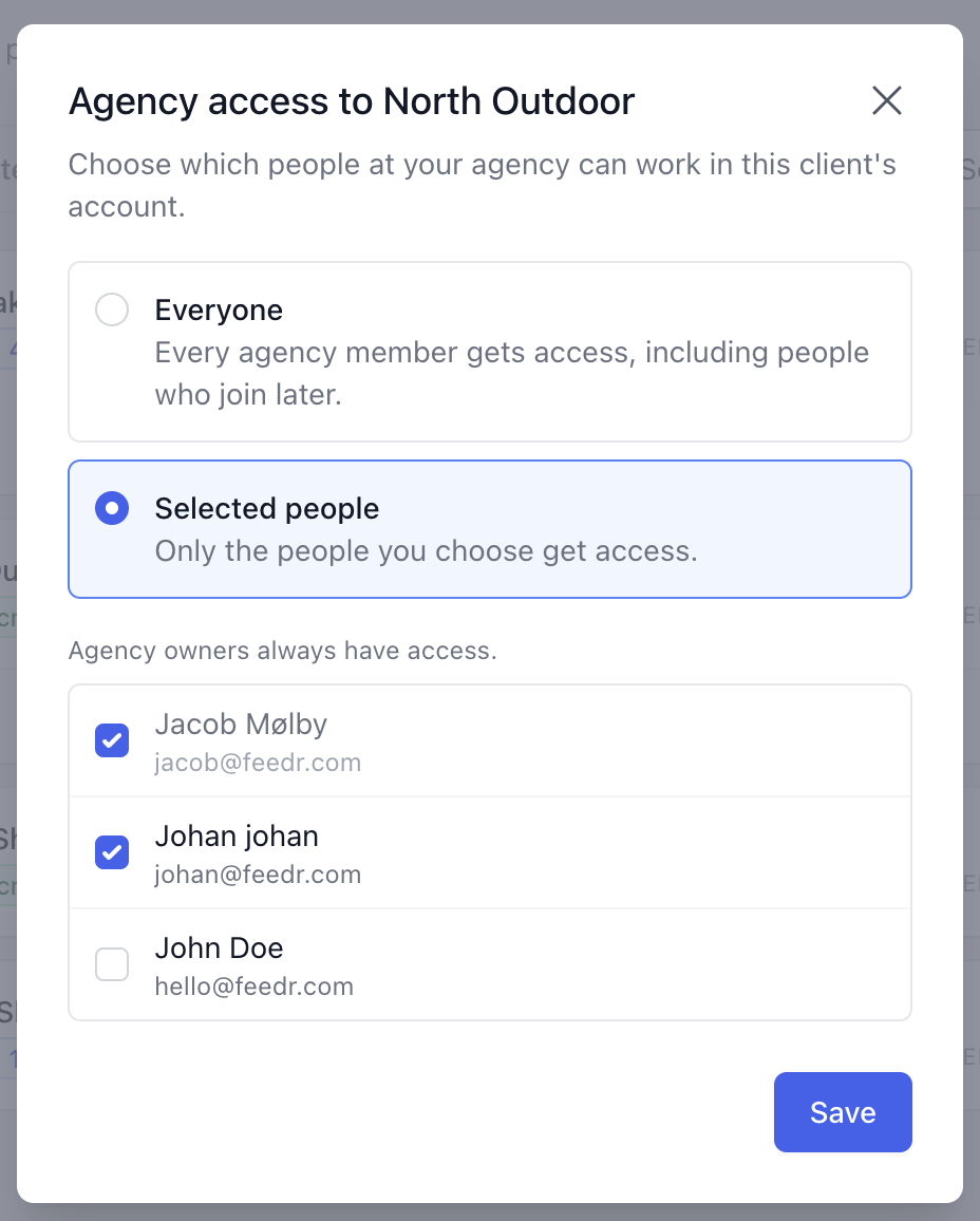 Choosing which agency members can access a client