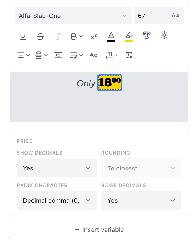 Number formatting options on a variable chip